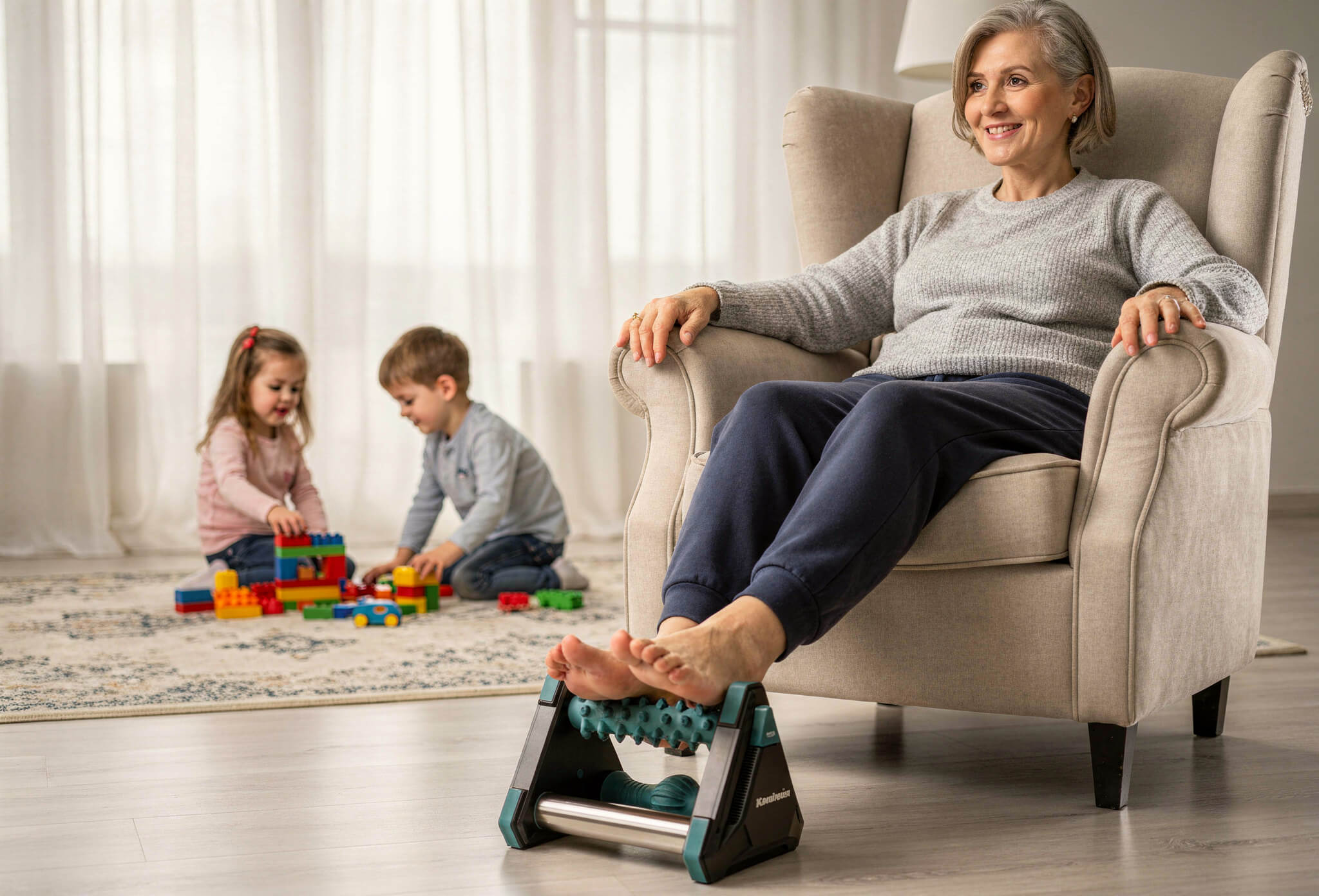 Image of lady massaging her feet with kids in background