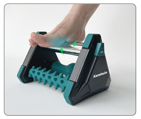 Kandwin 3-in-1 foot massager icing roller in use showing foot placement on Mars Green unit